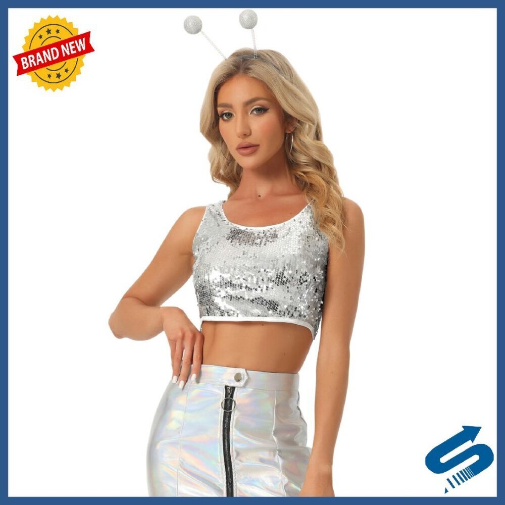 Metallic Sequin Crop Tank Top Sleeveless Party Club Y2K Sparkle